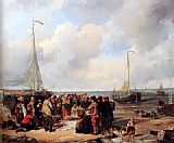Auction Canvas Paintings - De afschlag van visch aan het strand te Scheveningen a fish auction on the beach